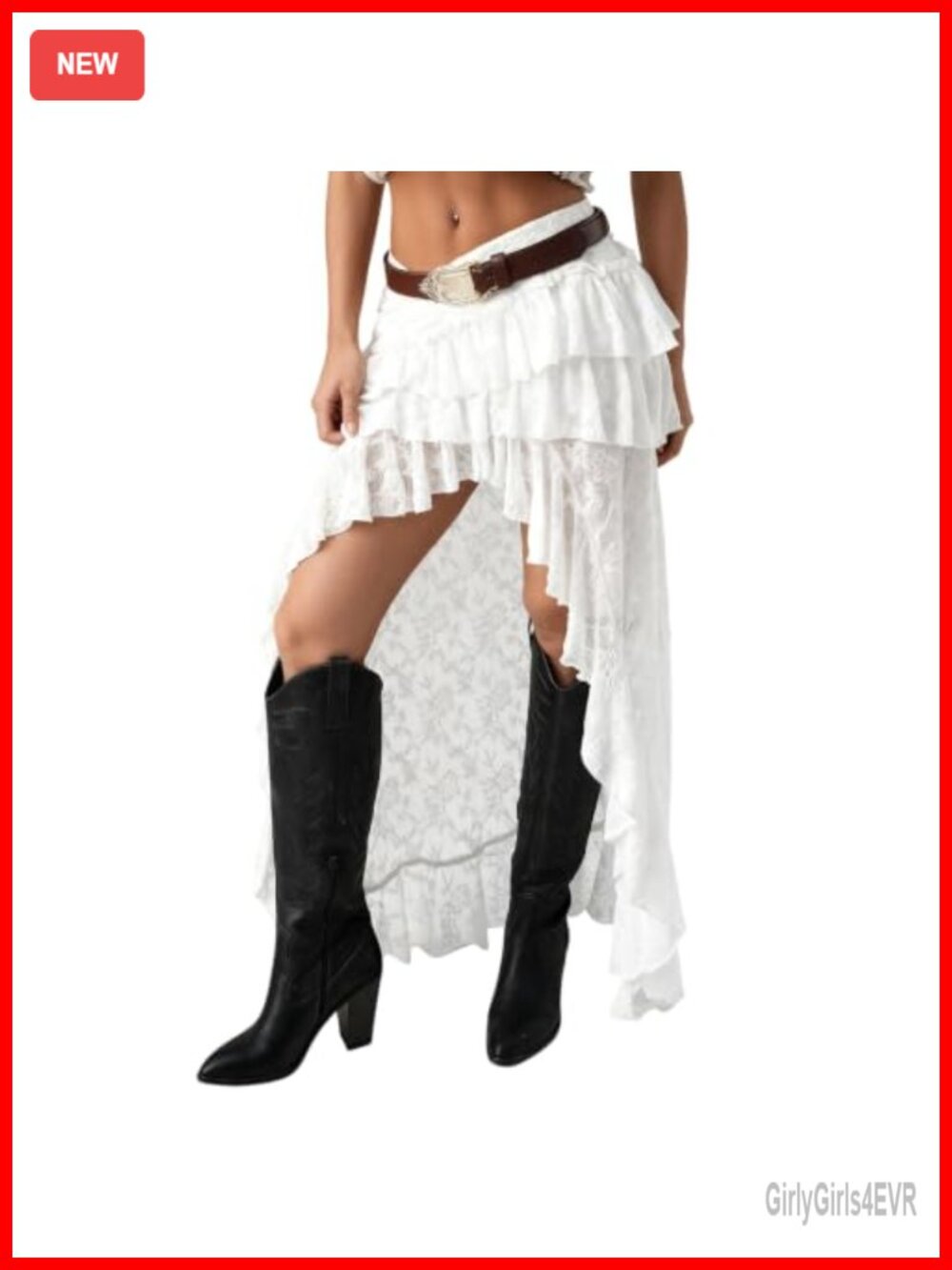 Women's Lace Tiered Ruffle High Low Maxi Skirt Sheer Mesh